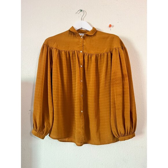 Oscar De La Renta Sport Mustard Button-Up Blouse Size 6 Textured Long Sleeve - Picture 1 of 7